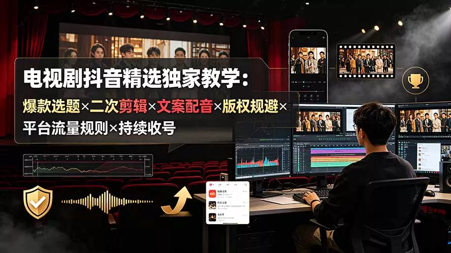 电视剧抖音精选独家教学：爆款选题×二次剪辑×文案配音×版权规避×平台流量规则×持续收益账号 - 渡客网创