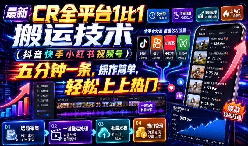 最新CR全平台1比1搬运技术(抖音快手小红书视频号)五分钟分钟一条，操作简单，轻松上热门(教程+软件+参数) - 渡客网创