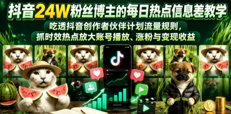 抖音24W粉丝博主的每日热点信息差教学，吃透创作者伙伴计划流量规则，抓时效热点放大账号播放、涨粉与变现收益(更新) - 渡客网创