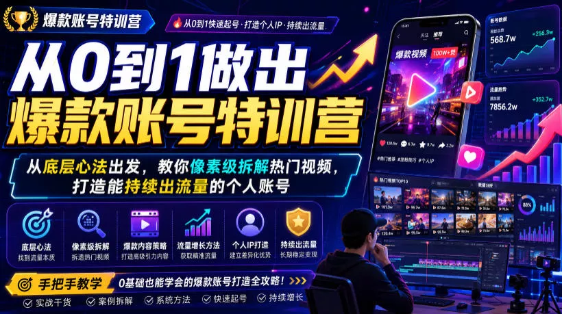 从0到1做出爆款账号特训营，从底层心法出发，教你像素级拆解热门视频，打造能持续出流量的个人账号 - 渡客网创