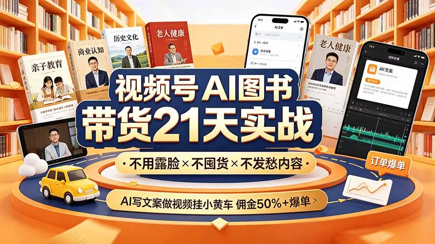 视频号AI图书带货21天实战：不用露脸×不囤货×不发愁内容，AI写文案做视频挂小黄车，佣金50%+爆单 - 渡客网创