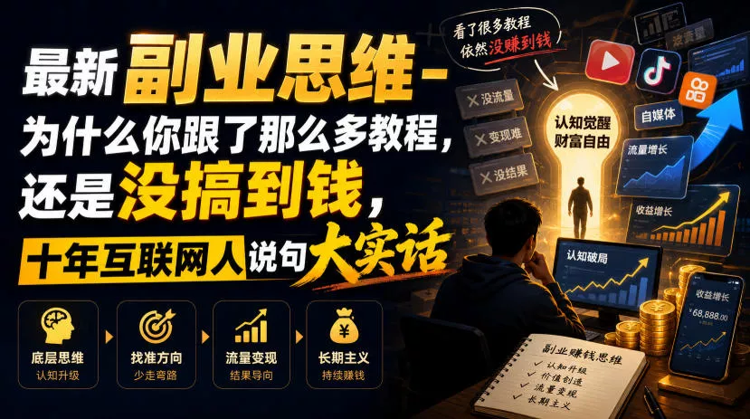 最新副业思维-为什么你跟了那么多教程，还是没搞到钱，十年互联网人说句大实话【揭秘】 - 渡客网创