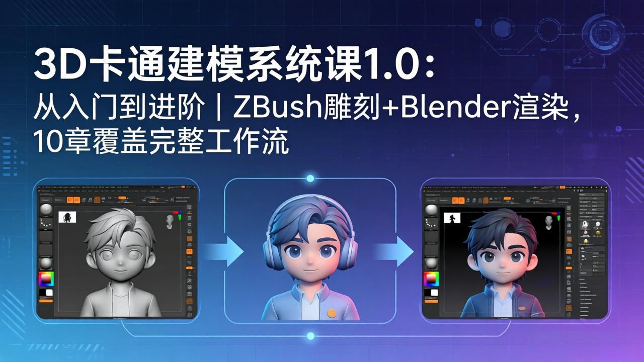3D卡通建模系统课1.0：从入门到进阶｜ZBrush雕刻+Blender渲染，10章覆盖完整工作流 - 渡客网创