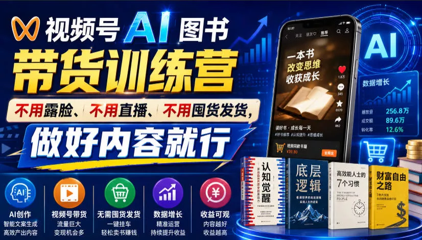 视频号AI图书带货训练营，不用露脸、不用直播、不用囤货发货，做好内容就行，一条爆款视频佣金8942 - 渡客网创