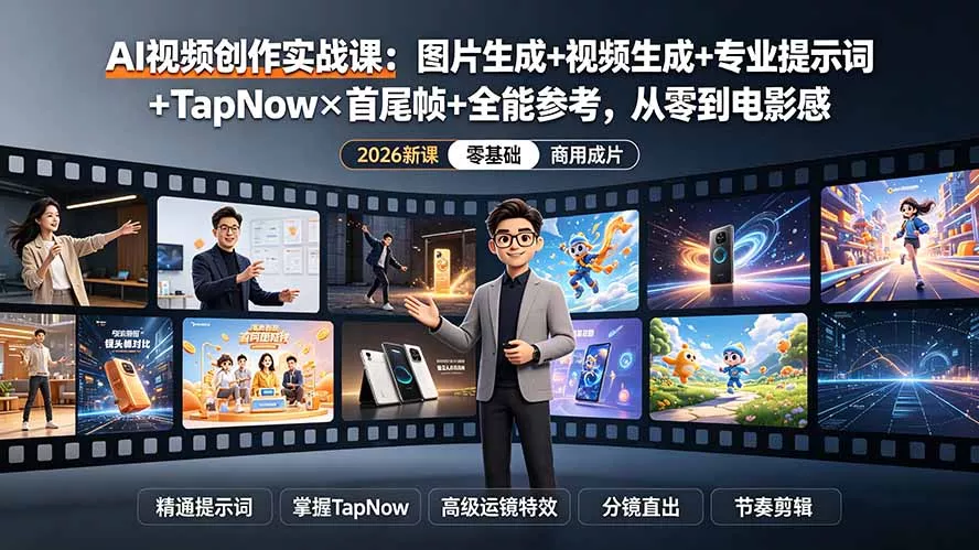 AI视频创作实战课：图片生成+视频生成+专业提示词+TapNow×首尾帧+全能参考，从零到电影感成片 - 渡客网创