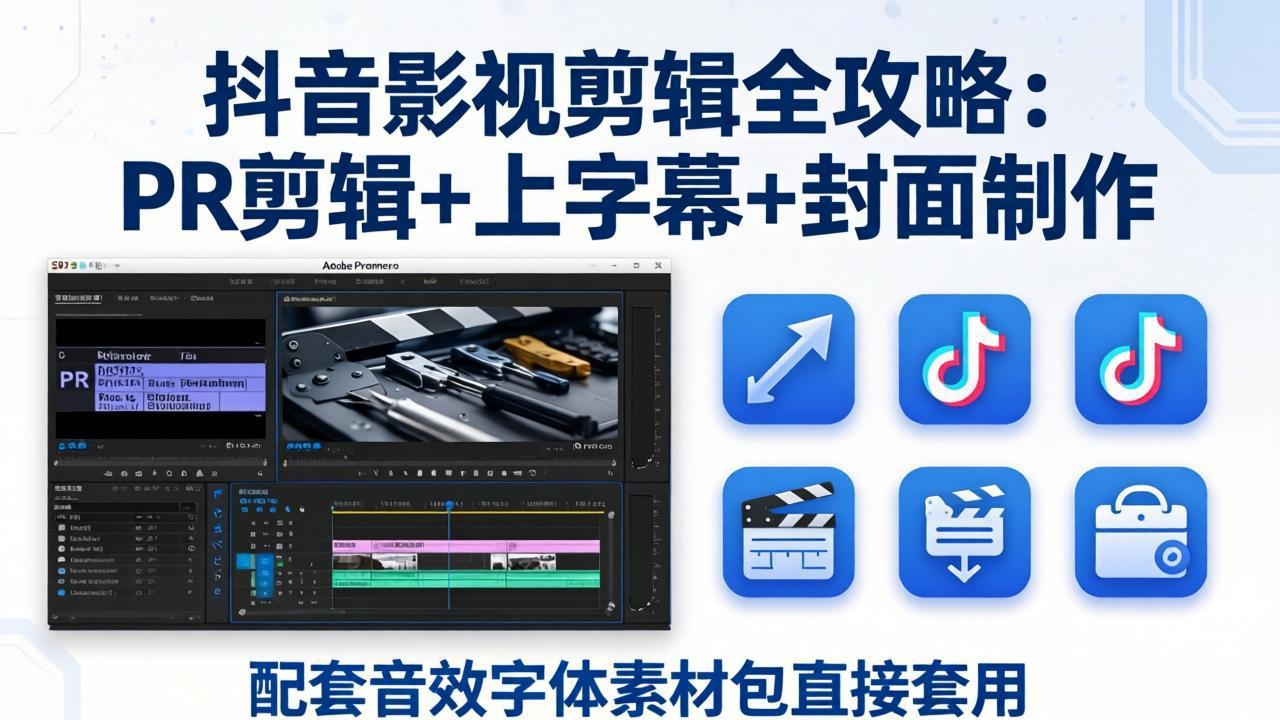 抖音影视剪辑全攻略：PR剪辑+上字幕+封面制作，配套音效字体素材包直接套用 - 渡客网创