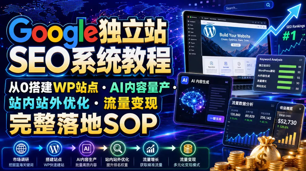 Google独立站SEO系统教程，从0搭建WP站点・AI内容量产・站内站外优化・流量变现完整落地SOP(2026年7月) - 渡客网创