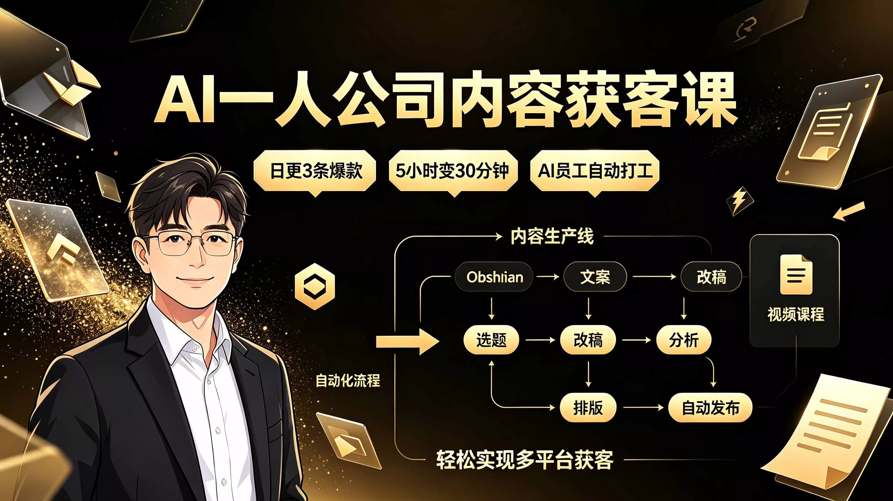 AI一人公司内容获客课：日更3条爆款×5小时变30分钟×AI员工自动打工，轻松实现多平台获客 - 渡客网创