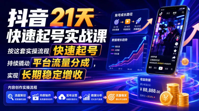 抖音21天快速起号实战课，按这套实操流程快速起号，持续撬动平台流量分成，实现长期稳定增收 - 渡客网创