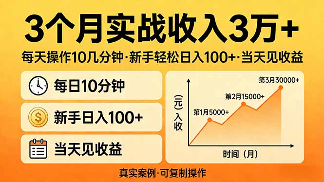 3个月实战收入3万+，每天操作10几分钟，新手轻松日入100+，当天见收益 - 渡客网创