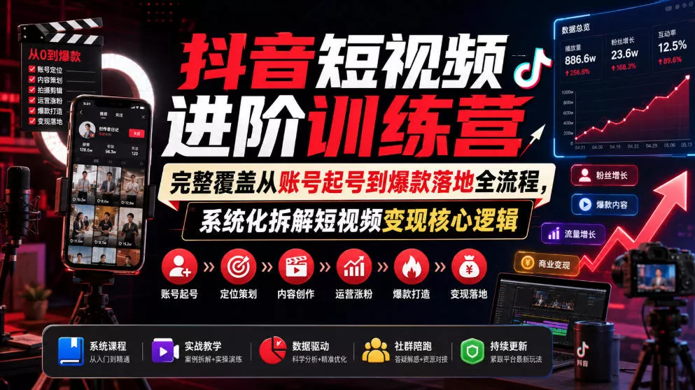 抖音短视频进阶训练营，完整覆盖从账号起号到爆款落地全流程，系统化拆解短视频变现核心逻辑 - 渡客网创