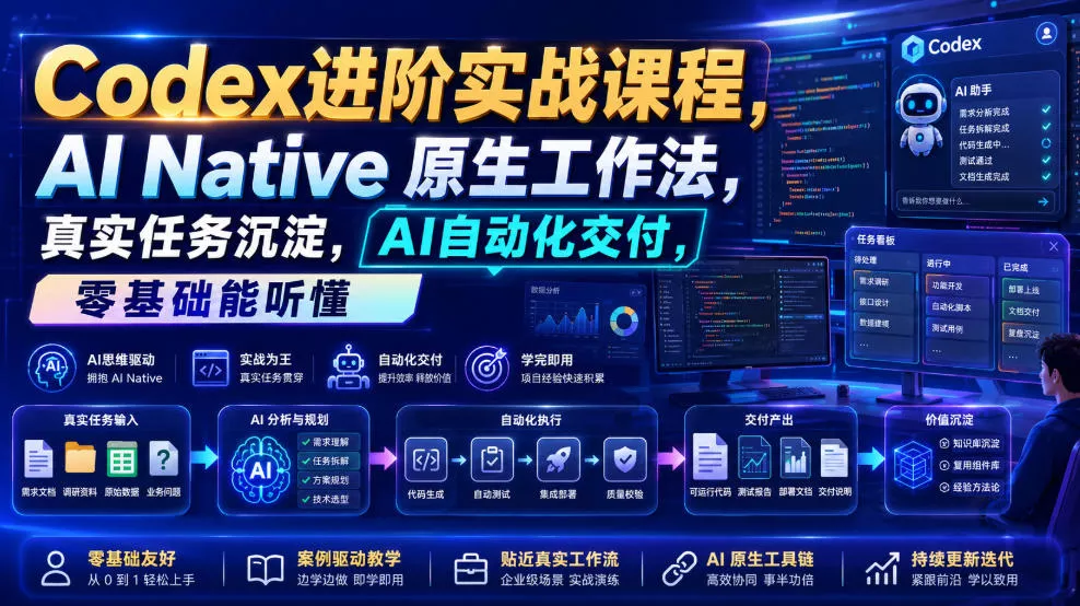 Codex进阶实战课｜AI Native原生工作法，22节真实任务落地，从配置到AI自动化交付全链路教程 - 渡客网创