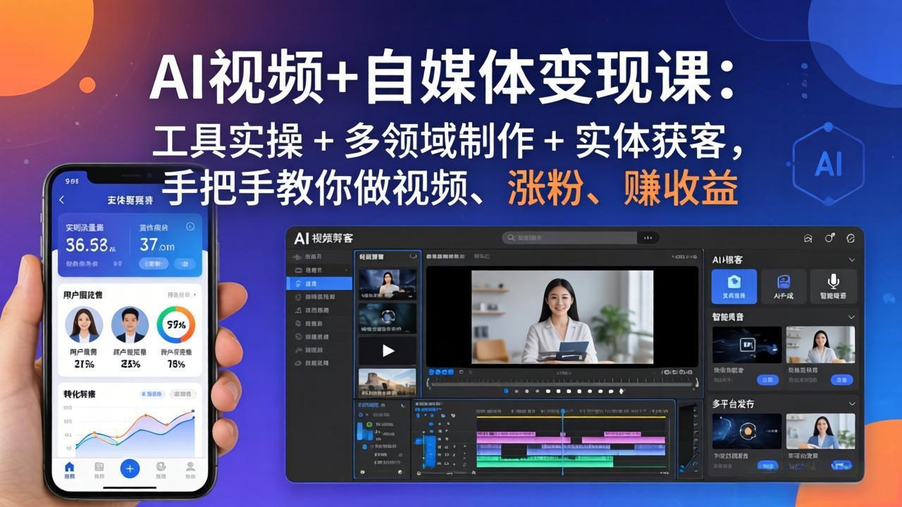 AI视频+自媒体变现课：工具实操 + 多领域制作 + 实体获客，手把手教你做视频、涨粉、赚收益 - 渡客网创