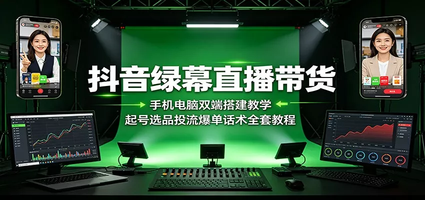 抖音绿幕直播带货：手机电脑双端搭建教学，起号选品投流爆单话术全套教程 - 渡客网创
