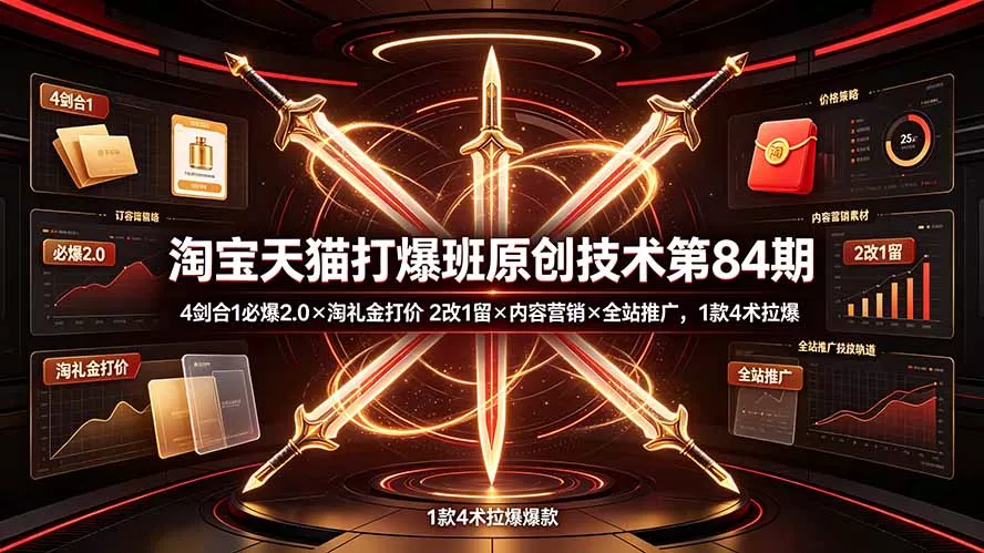 淘宝天猫打爆班原创技术第84期：4剑合1必爆2.0×淘礼金打价×2改1留×内容营销×全站推广，1款4术拉爆 - 渡客网创