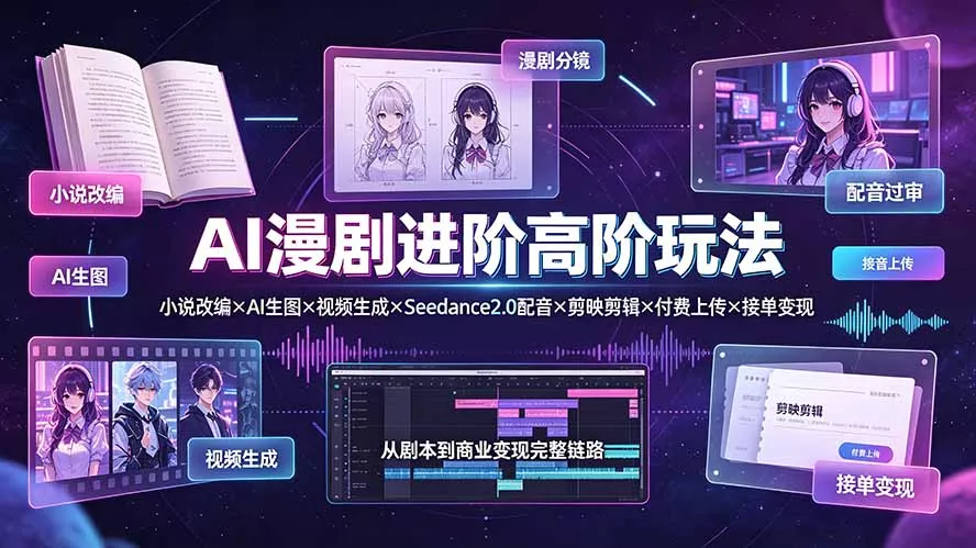 AI漫剧进阶高阶玩法：小说改编×AI生图×视频生成×Seedance2.0配音×剪映剪辑×付费上传×接单变现 - 渡客网创