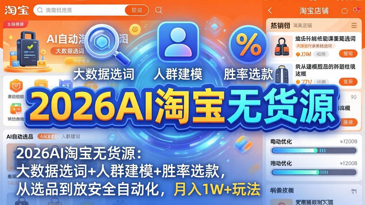 2026AI淘宝无货源-4月更新：大数据选词+人群建模+胜率选款，从选品到放大全自动化，月入1W+玩法 - 渡客网创