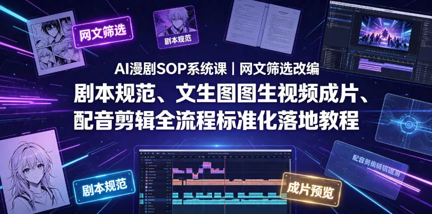 AI漫剧SOP系统课｜网文筛选改编、剧本规范、文生图图生视频成片、配音剪辑全流程标准化落地教程(更新) - 渡客网创