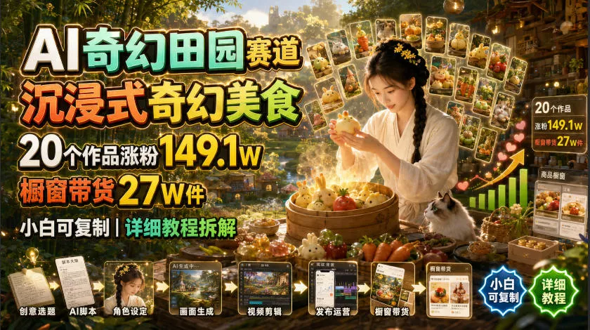 AI奇幻田园赛道，沉浸式奇幻美食，20个作品涨粉149.1W，橱窗带货27W件，小白可复制，详细教程拆解 - 渡客网创