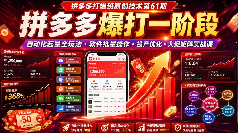 拼多多打爆班原创技术第61期，拼多多爆打一阶段，自动化起量全玩法・软件批量操作・投产优化・大促矩阵实战课 - 渡客网创