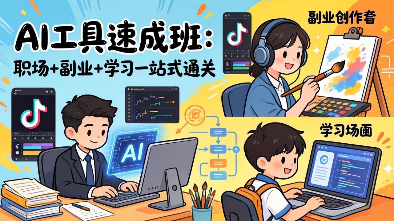AI工具速成班：职场+副业+学习一站式通关，20+爆款类型+剪映技巧+抖音算法，0基础快速上手 - 渡客网创