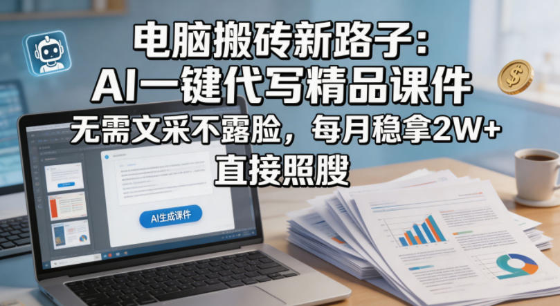 电脑搬砖新路子：AI一键代写精品课件，无需文采不露脸，每月稳拿2W+，直接照搬 - 渡客网创