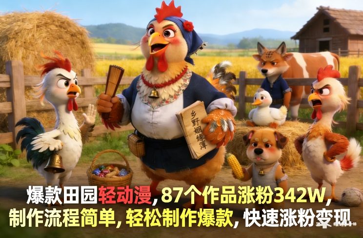爆款田园轻动漫，87个作品涨粉342W，制作流程简单，轻松制作爆款，快速涨粉变现 - 渡客网创