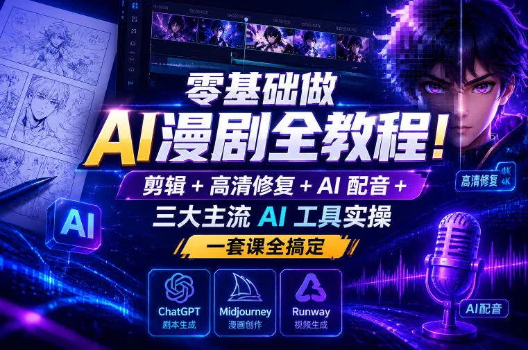 零基础做AI漫剧全教程！剪辑+高清修复+AI配音+三大主流AI工具实操，一套课全搞定 - 渡客网创