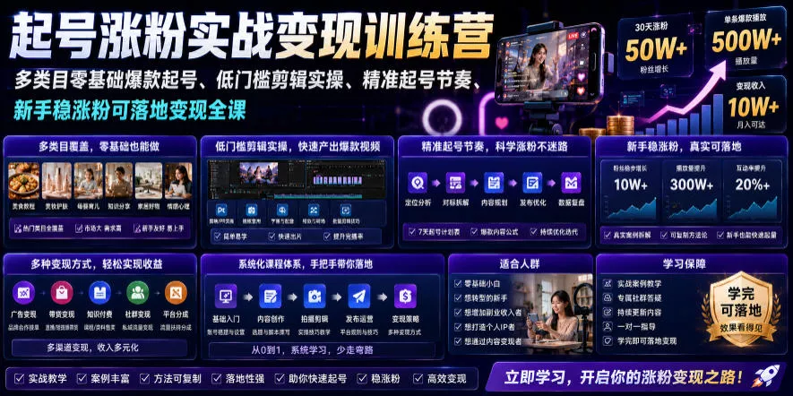 苗子起号涨粉实战变现训练营，多类目零基础爆款起号、精准起号节奏、新手稳涨粉可落地变现全课(更新0719) - 渡客网创