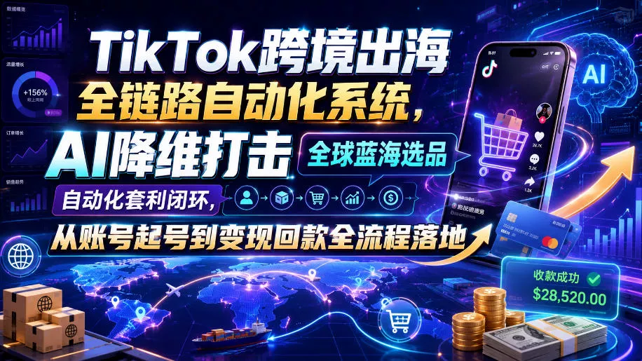 TikTok跨境出海全链路自动化系统，AI降维打击全球蓝海选品自动化套利闭环，从账号起号到变现回款全流程落地(2026年7月) - 渡客网创