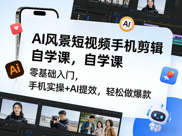 AI风景短视频手机剪辑自学课，零基础入门，手机实操+AI提效，轻松做爆款 - 渡客网创