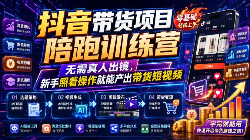 抖音带货项目陪跑训练营，无需真人出镜，新手照着操作就能产出带货短视频 - 渡客网创