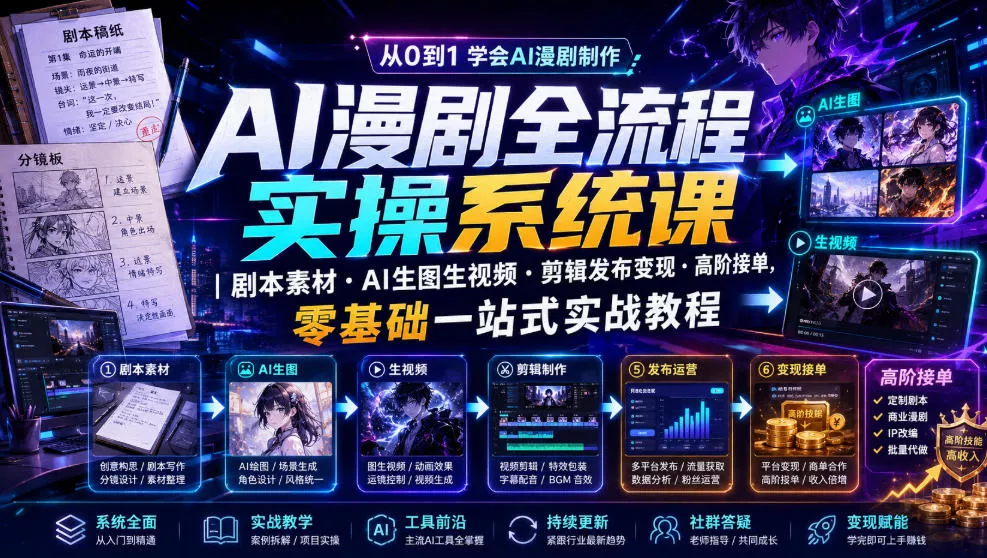 AI漫剧全流程实操系统课｜剧本素材・AI生图生视频・剪辑发布变现・高阶接单，零基础一站式实战教程 - 渡客网创