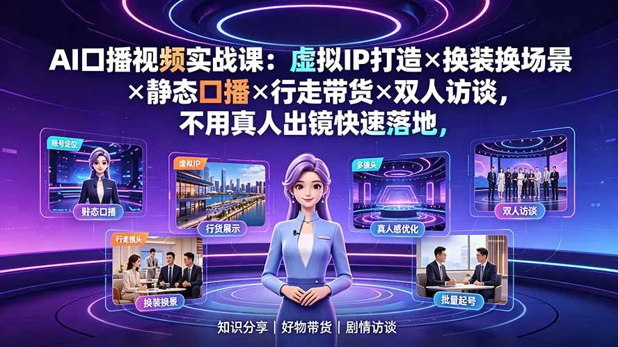 AI口播视频实战课：虚拟IP打造×换装换场景×静态口播×行走带货×双人访谈，不用真人出镜快速落地 - 渡客网创