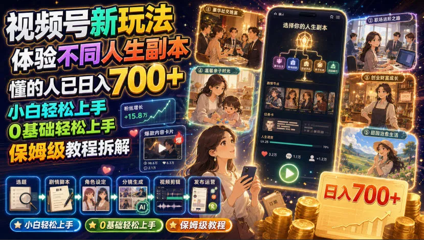 视频号新玩法体验不同人生副本，懂的人已日入700+，小白轻松上手，0基础轻松上手，保姆级教程拆解 - 渡客网创