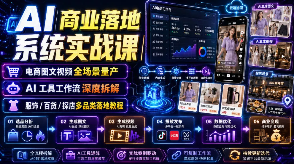 AI商业落地系统实战课｜电商图文视频全场景量产・AI工具工作流深度拆解・服饰/百货/探店多品类落地教程 - 渡客网创