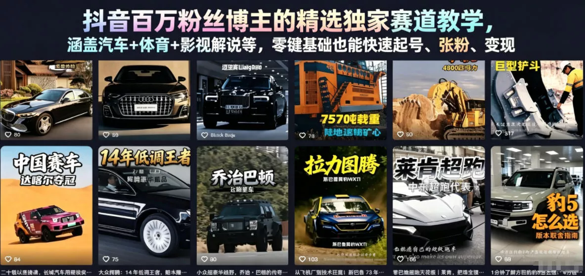 抖音百万粉丝博主的精选独家赛道教学，涵盖汽车+体育+影视解说等，零基础也能快速起号、涨粉、变现 - 渡客网创