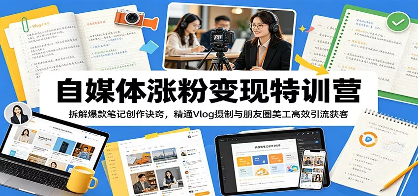自媒体涨粉变现特训营：拆解爆款笔记创作诀窍，精通Vlog摄制与朋友圈美工高效引流获客 - 渡客网创
