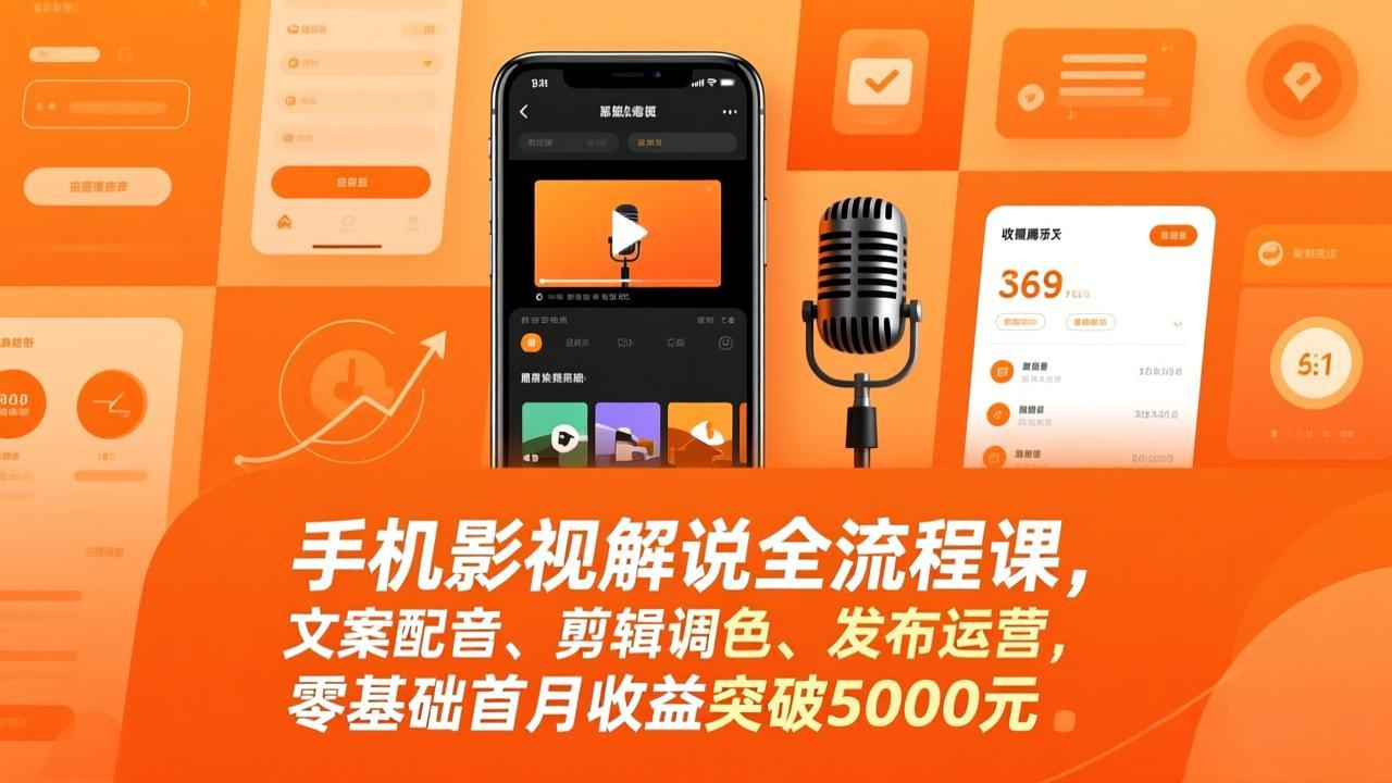 手机影视解说全流程课，文案配音、剪辑调色、发布运营，零基础首月收益突破5000元 - 渡客网创